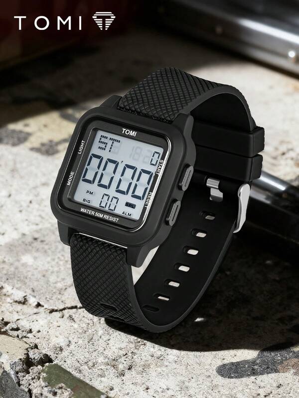 TOMI TOMI 1pc Boxed Men's Square Lightweight Dual Movement Illuminated Sports Digital Watch, Suitable For Daily Life, Holiday Gifts, Halloween, Christmas,