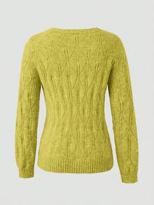 灰色纯色珍珠纽扣圆领长袖优雅开衫，适合秋季办公室、派对和社交场合穿着 | 穿着舒适 - 橄欖綠 - 查看 2