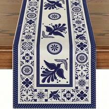 [Muertos Mexican Table Runner] 1pc, Muertos Mexican Table Runner, Heat Insulation Table Pads, Blue Patchwork Tiles Kitchen Dining Table Decoration For Home, Party Decor - 彩色 - 查看 1