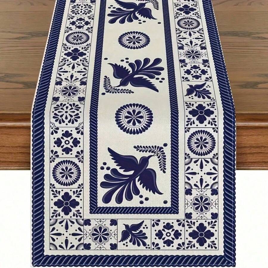 [Muertos Mexican Table Runner] 1pc, Muertos Mexican Table Runner, Heat Insulation Table Pads, Blue Patchwork Tiles Kitchen Dining Table Decoration For Home, Party Decor - 彩色 - 查看 1