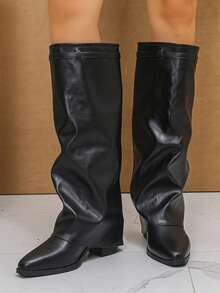 秋冬季女士真皮鲨鱼齿翻盖经典搭扣高帮靴，时尚设计，适合女性穿着，舒适百搭。 - 黑色 - 查看 2