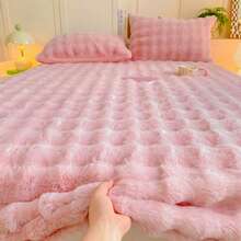 3pcs Set: 1pc Thickened Solid Color Faux Fur Fitted Sheet + 2pcs Pillow Shams, All-Around Wrap-Around Design To Prevent Bed Slip, Machine Washable, Warm & Comfortable For Bedroom, Home, And Dorm Use - Pink - View 5