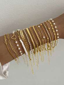 Bộ 30/19/16/14/11/6 đồng xu cổ điển thanh lịch, kim loại, ngọc trai giả, trái tim, bướm, lấp lánh, pha lê, xoắn, bộ vòng tay xích, phong cách Y2K, đeo nhiều lớp, phù hợp cho phụ nữ, mùa thu/đông, ngày lễ, tiệc tùng, hẹn hò, giáng sinh, ngày của mẹ, món quà tuyệt vời nhất - Vàng - Xem 8