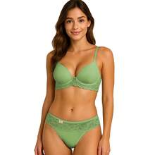 Conjunto Algodão Canelado Feminino Detalhes em Renda Modelagem Confortável Moda Íntima Alças Reguláveis - Verde Menta - Visão 8