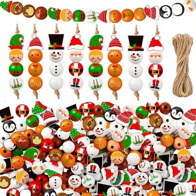 16pcs Christmas Santa Claus, Gingerbread Man, Snowman & Elf Wooden Bead Set, Suitable For DIY Christmas Wreaths, Decorations, Holiday Crafts, Party Decor, Farmhouse Round Wooden Bead Crafts Christmas Ornaments