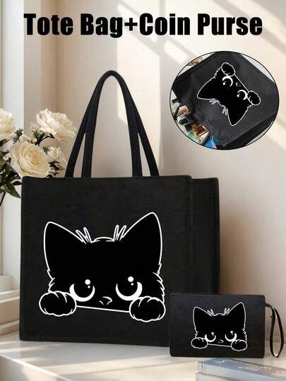 猫咪主题手提包套装：女士手提包搭配同款化妆包，包含1个黑色卡通猫咪图案手提包和1个小收纳袋/零钱包，时尚大容量化妆包，旅行化妆包，适合婚礼、生日、海滩、度假等场合，也是送给女性、母亲、教师、朋友、伴娘、学生、返校季以及动物爱好者的完美礼物。
