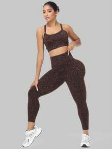 Women's High Waisted Yoga Sports Leggings, Fashionable Women's Sports Leggings, Sports Pants. Back Waist Pocket Design, Sporty Tie Dye High Waisted Sports Leggings, Suitable For Yoga Women's Pants - 咖啡棕 - 查看 5
