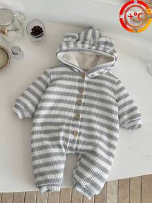 INS Newborn Baby Unisex Button Striped Knitted Thick Warm Lining Romper, Winter