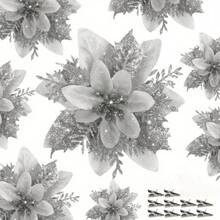 20pcs Glitter Poinsettia Artificial Christmas Flowers With Clips - Sparkling Blue & Pink Floral Garland Ornaments For Holiday Tree Decor, Wedding, And Party Decorations, Christmas Decorations - 10flower+10Clips - View 17