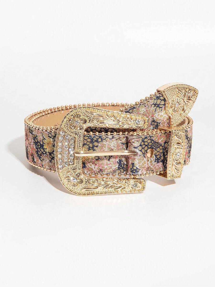 1 条装复古宫廷风格金色金属雕花扣闪光花卉印花 PU 皮带，多色可选