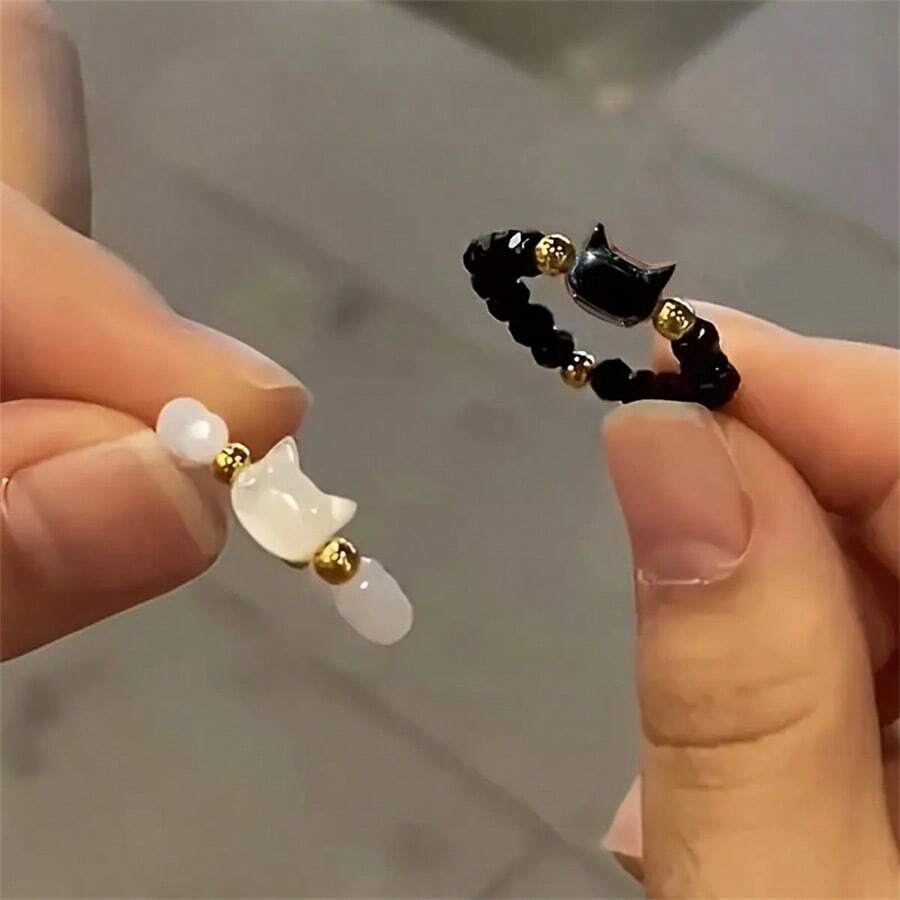 1/2pcs黑白猫戒指，松紧可调节，时尚设计，简约拼接戒指，情侣小众独特设计，ins酷炫风格，轻奢气质 - 彩色 - 查看 1