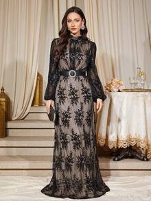 优雅迷人的长袖蕾丝舞会礼服，立领喇叭下摆，镂空设计，非常适合女士晚礼服