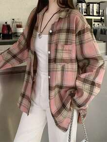 拉绒格子衬衫，新款时尚宽松复古中长款上衣，长袖夹克