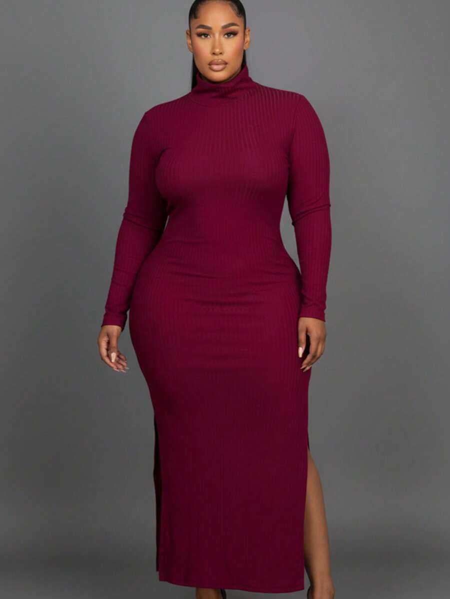 Elegant Plus Size Black Rib Knit Maxi Dress With High Neck And Long Sleeves, Fitted Style With Slit Hem For Party - Burgundy - View 1