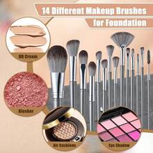 Brochas de Maquillaje, Set de 14 Brochas Profesionales, Set de Brochas para Ojos y Rostro, Brochas para Base, Brochas para Sombras de Ojos, Brochas Cosméticas, con Bolsa de PU, Grisáceo - Gris Claro - Ver 4