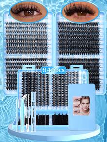 Kit extensii gene DIY 640 buc, kit gene cluster, kit gene DIY 10D-100D D Curl, cu lipire și sigilare gene, pensetă, perie pentru gene, carte de gene cu autoaplicare acasă (4 stiluri mixte), călătorie de Crăciun