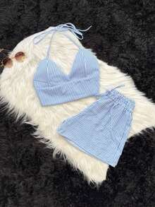 2-PIECE SET SHORTS AND CROPPED DUNA STRIPED FASHION THEND SUMMER 2026 - 淺藍色 - 查看 2