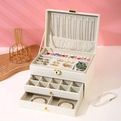 1 Pieza Caja de Almacenamiento de Joyas, Caja de Exhibición de Joyas, Caja de Joyas de Gran Capacidad con 3 Compartimentos y Cajón para Aretes, Pulseras, Anillos, Día de la Madre, Día de San Valentín - Suministros de Empaque y Exhibición de Joyas, Blanco