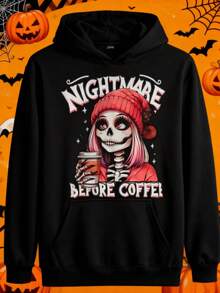 Stylish Women's Casual Graphic Hooded Sweatshirt With Nightmare Before Christmas Art Print Stretchy Knit Round Neck Long Sleeve Hoodie - Top Gift For Cyber Monday,Back-To-School Season, Halloween,Christmas & Thanksgiving Day Shopping Season(Creative Gift) - 黑色 - 查看 1