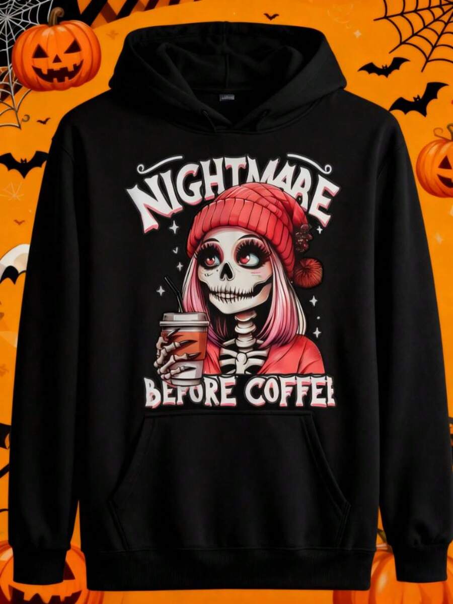 Stylish Women's Casual Graphic Hooded Sweatshirt With Nightmare Before Christmas Art Print Stretchy Knit Round Neck Long Sleeve Hoodie - Top Gift For Cyber Monday,Back-To-School Season, Halloween,Christmas & Thanksgiving Day Shopping Season(Creative Gift) - 黑色 - 查看 1