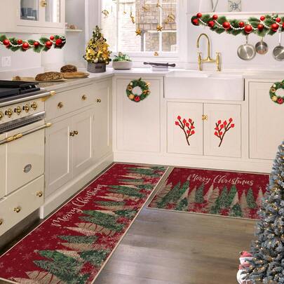 Christmas Kitchen Mat Non Slip Thick Kitchen Rugs And Mats Xmas Tree And Snowflake Print Indoor Kitchen Mat Sets For Home