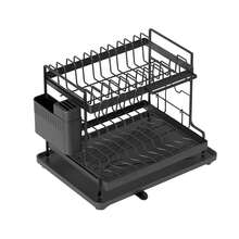 Cestelli per piatti, scolapiatti a 2 ripiani, scolapiatti, griglia di scolo con vassoio, con portacoltelli e porta tagliere, nero
