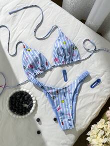 Bộ bikini gợi cảm buộc dây cổ, họa tiết vỏ sò sọc, dành cho nữ, thích hợp mặc đi biển mùa hè. - Màu xanh lam - Xem 7