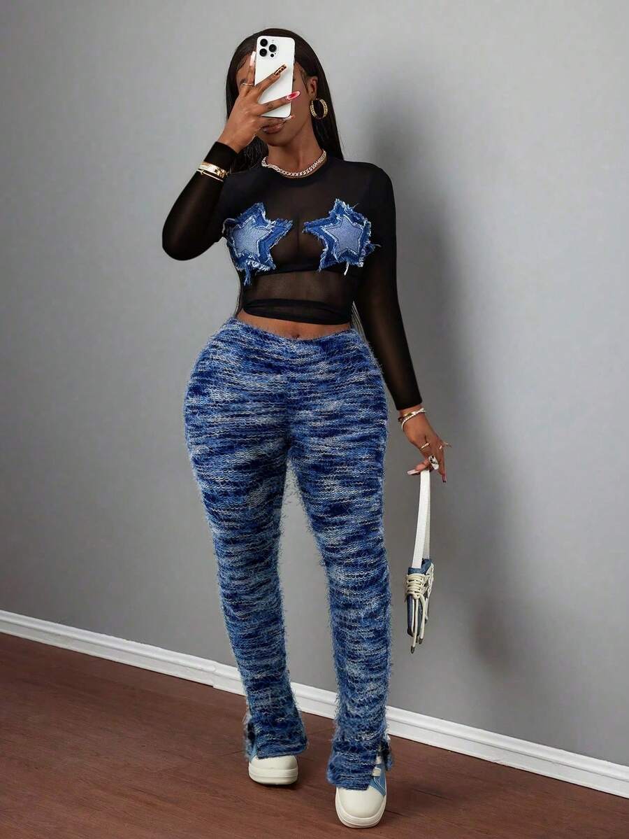 Bộ đồ 2 món Y2K Casual Streetwear gợi cảm áo crop top lưới đen có miếng vá hình ngôi sao và quần ống loe kẻ sọc ombre xanh - Nhiều màu - Xem 1