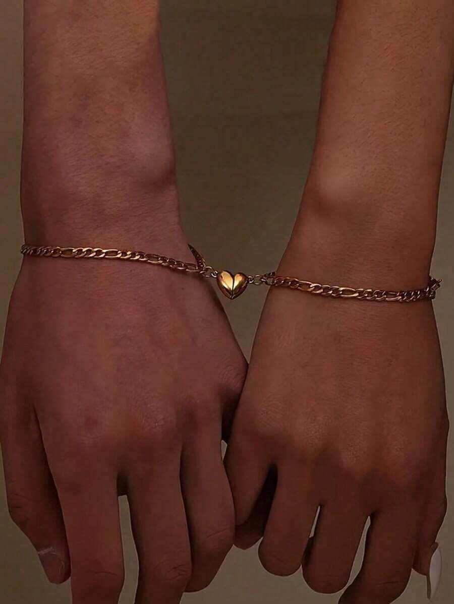 2pcs/Set Stainless Steel Magnetic Heart - Couples Keychain + Bracelets |   Minimalist Unisex Jewelry - Gold - View 1