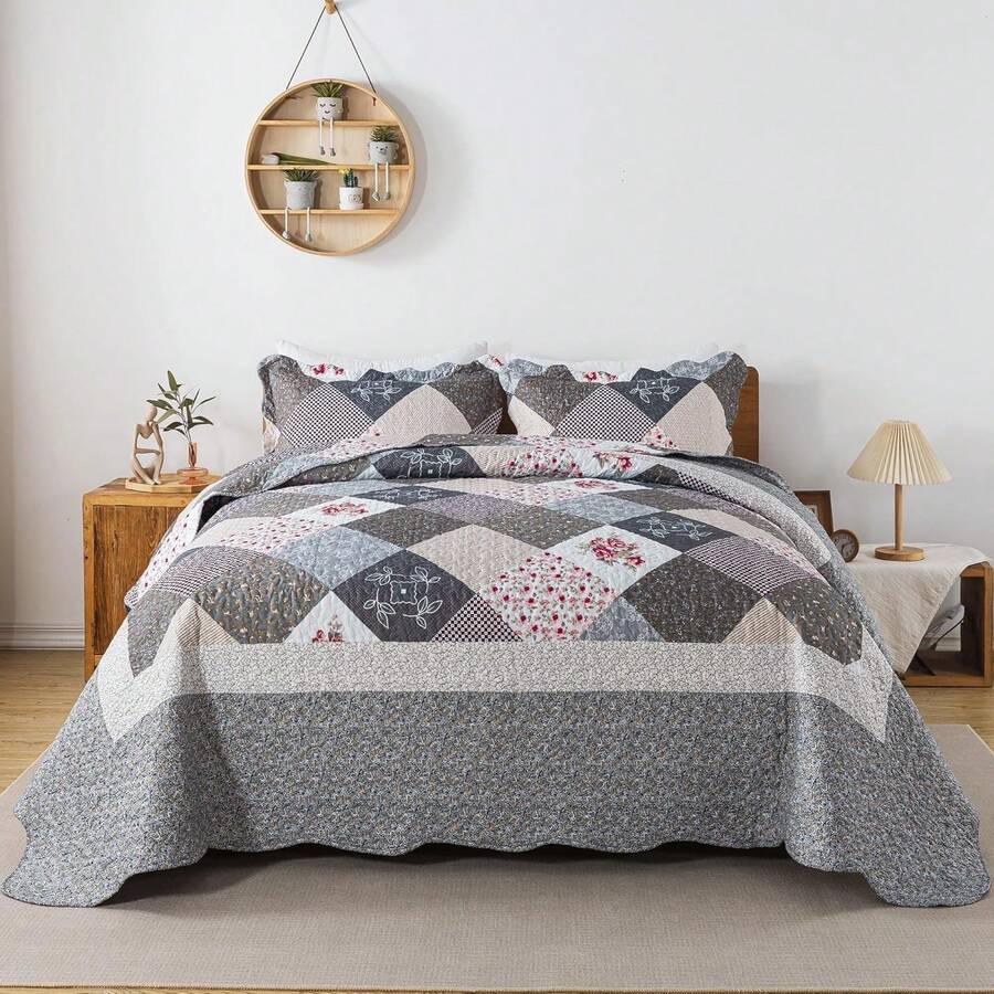 Twin Quilt Bedding Set - Lightweight Bedspreads, 2-Piece Microfiber Reversible Coverlets, Retro Bed Cover, Twin Size All Season Quilts - Grey - Viền tím - Xem 1