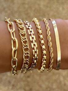 6pcs Metal Chain Bracelet Set For Women, Includes Faux Pearl, Snake Chain, Twisted Chain, Flat Round Disc Design Chunky Fashion Jewelry, Elegant Retro Style, Suitable For Holiday, Party, Gift, Daily Wear (Flat Beads & Faux Pearl Quantity Random)