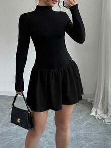 Plus Size Women's Black Ruffle Hem A-Line Mini Dress, Long Sleeve, Mock Neck, Slim Fit, Elegant & Versatile For Daily, Vacation, Holiday, Christmas, New Year - Black - View 2