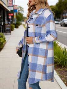 Women's Autumn/Winter Long Sleeve Casual Plaid Thermal Lining Pocket Shirt, Long Sleeve Tops Fall Cloth For Women - Blue and White - View 3