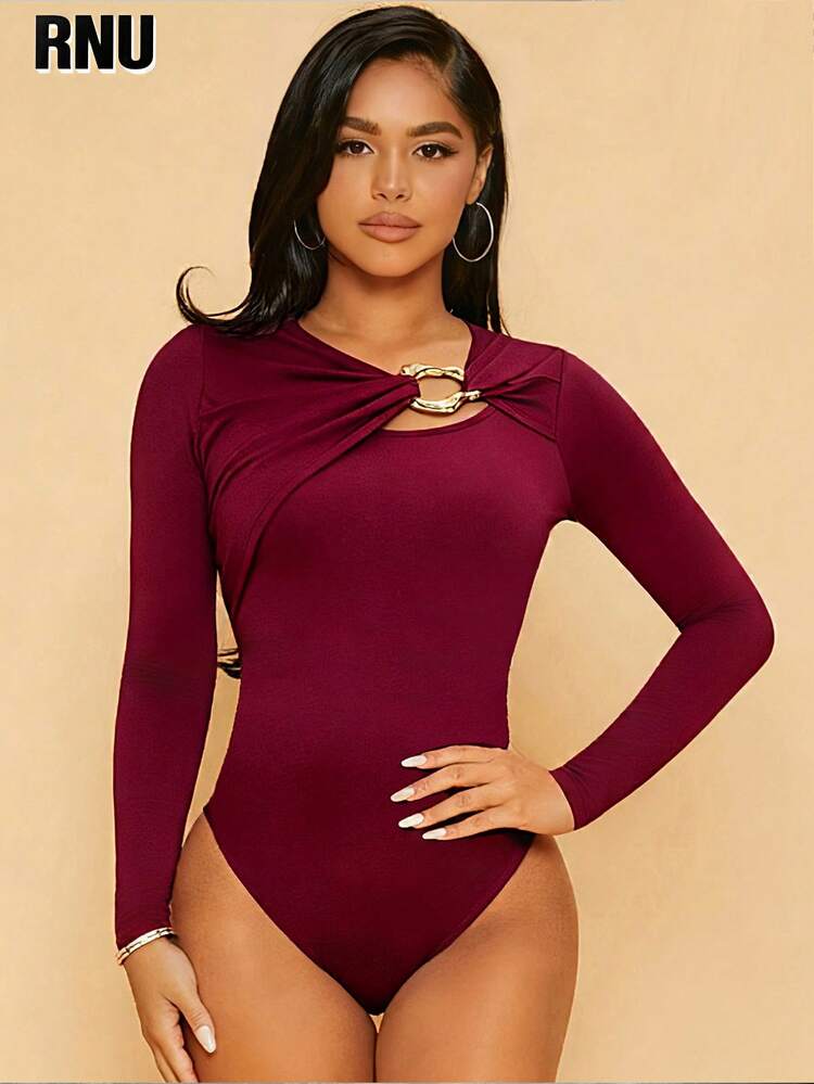 RNU Mono de tela de unicolor con hebilla de metal versátil para mujer de talla grande, mono de manga larga con detalle de giro hueco, mono de tela suave y cómoda con diseño de sentido, mono de manga larga ajustado con detalle de botón dorado, elegante y favorecedor, perfecto para looks - Burdeos - Añade 1