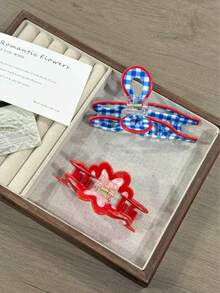 Pink Plaid Pattern Heart Bow Hair Claw Clip, Hair Accessory For Women, Suitable As Birthday Or Valentine's Day Gift Elegant Hair Clips Winter Hair Clutch Women Hair Accessories - Multicolor - View 3