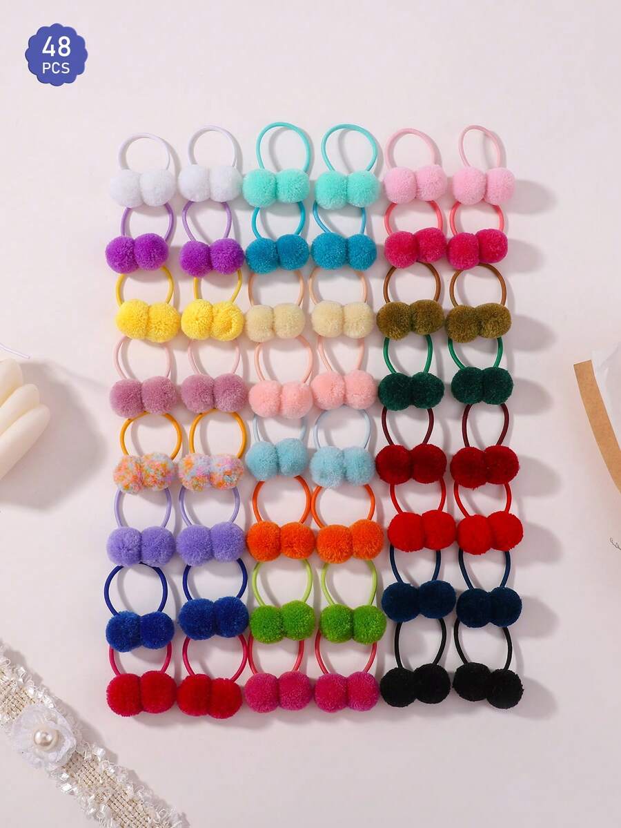 bilicaca 24/48pcs Candy Color Fluffy Ball Hair Scrunchies, Cute Ponytail Holders For Kids, Daily Hair Accessories