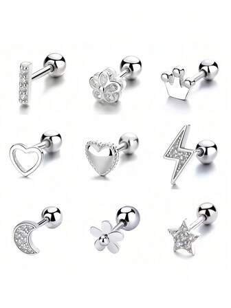 925 Sterling Silver Heart, Moon & Star, Lightning Flower, Four-Leaf Clover Stud Earrings, Minimalist Ins Style Small Delicate Cartilage Earrings, Unique Design Earrings, Suitable For Students Back To School