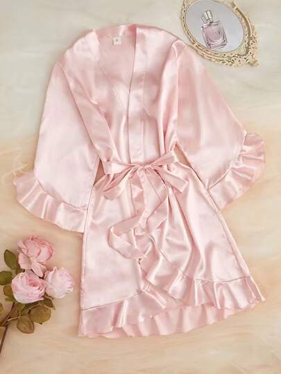 Bata de satén de cuello en V con manga larga, bajo con volante asimétrico con cinturón, bata de adulto de unicolor, adecuada para todas las estaciones como ropa de dormir y ropa de estar en casa, bata de satén para el dormitorio