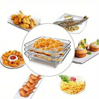 1/3pcs, Stainless Steel Gas Fryer Accessory Set: Stackable Rack, Raised Mat - Healthy Cooking And Dehydration Three-Layer Gas Fryer Rack, Suitable For Double Basket Gas Fryers, Dishwasher Washable, Suitable For Ovens, Pressure Cookers, And Most Gas Fryers, Gas Fryer Accessories, Kitchen Baking Tools, With Multiple Shapes To Choose From