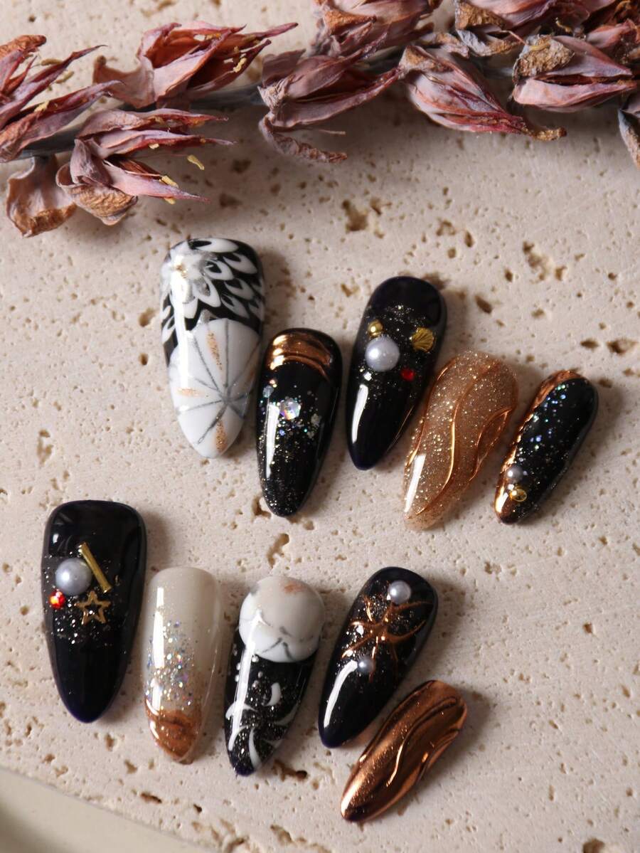 10pcs Press On Nails Almond Black Nails Dark Cat's Eye Golden Flower Line Office Daily Wear False Nails Artificial Nails Kit Includes 1sheet Adhesive Tabs &1 Pc Mini File Handmade Press On Nails - Multicolor - View 1
