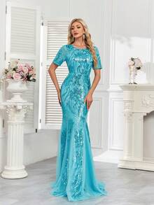 CEILIM Vestido de festa elegante e romântico com lantejoulas, mangas curtas, decote redondo, barra sereia e detalhes em tule. Um vestido de noite nobre e luxuoso. - Baby Azul - Ver 6