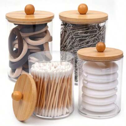 8PCS Bamboo Lid Acrylic Bathroom Storage Baskets (4 Lids, 4 Cups), Cotton Swab Storage Box Dispenser, Bathroom Countertop Organizer, Bathroom Accessory Set, Small Transparent Plastic Jar Set, Suitable For Cotton Swabs, Cotton Balls, Makeup Pads, Dental Floss Sticks