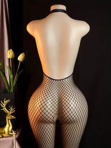 1pc Sexy Lingerie - Black Fishnet Hollow-Out Jumpsuit, Stretchy Skin-Tight Jumpsuit With Cutout Details, Ideal For Intimate Nights, Valentine's Day Gift, Honeymoon, Romantic Attire, Alluring Outfit, Elegant Design, Stretchy Fabric - Multicolor - View 3