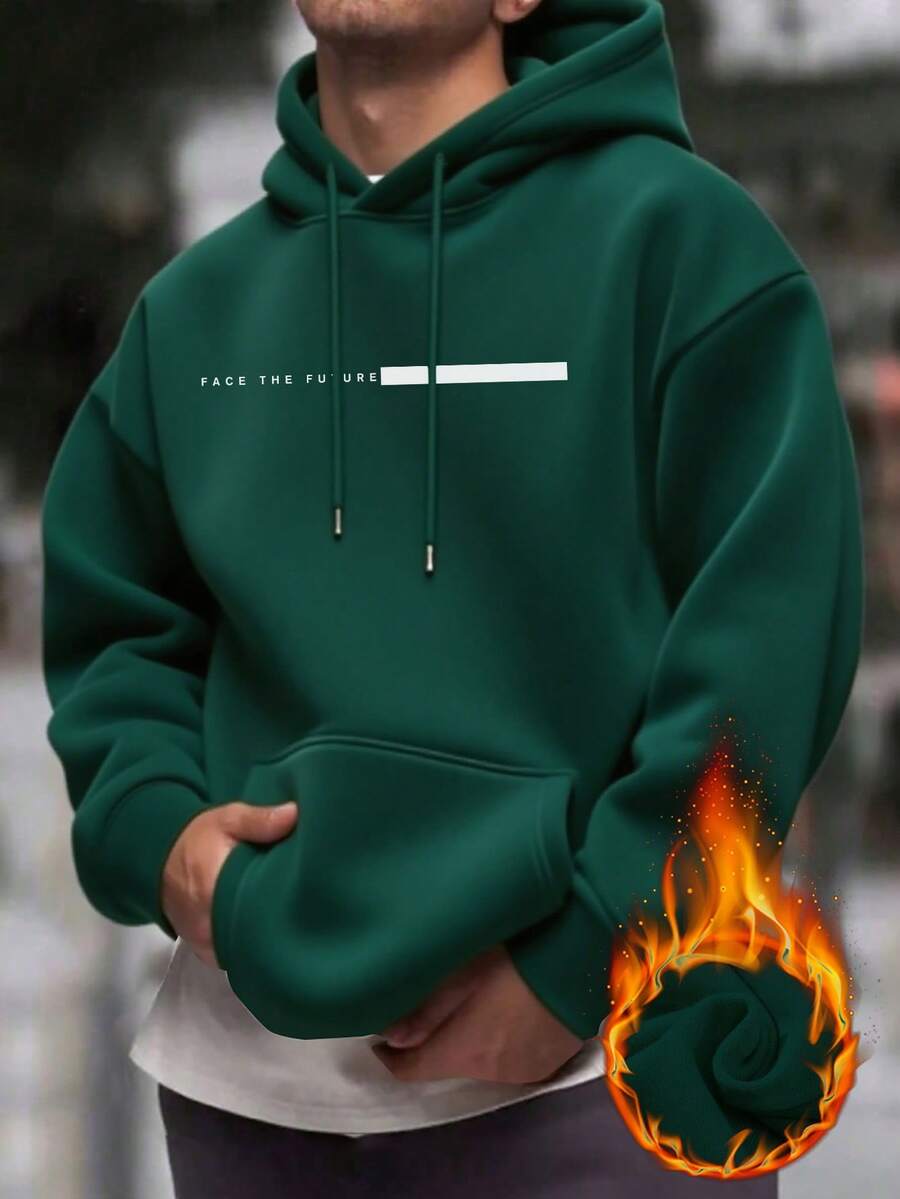 Men's Casual Versatile Fashion Printed Fleece Hoodie Sweatshirt, Autumn/Winter, Long Sleeve Top - Green - View 1