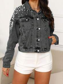Chaqueta vaquera con adornos de perlas - Ajuste delgado de longitud media, chaqueta exterior clásica lavada con botones metálicos delanteros - Gris - Ver 5