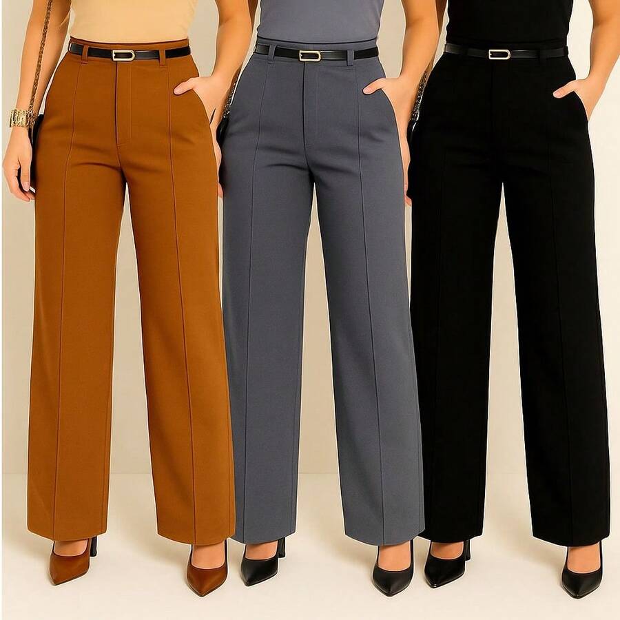 Kit 3 Calças Alfaiataria Feminina Com Cinto