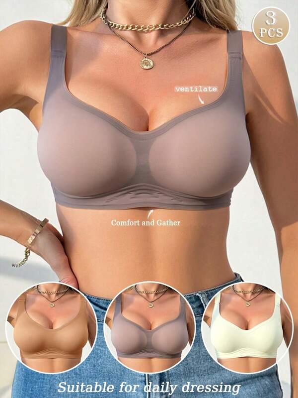 3pcs Women's Intimate Apparel, Skin-Friendly Lift & Support Bras, Romantic French Style Casual & Comfortable Minimalist Underwear, Mature & Charming Breathable Fabric Sports Bras