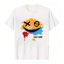 Men's Ile Mood Graphic T-Shirt, Distred Grin Print With Bold Color Splashes,  Soft Cotton Casual Tee For Everyday Wear, Perfect Gift For Men Who Love Unique Art Designs, Pairs Great With Jeans Or Shorts - 白色 - 查看 5