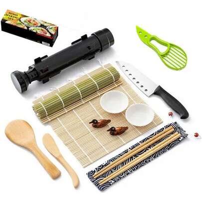 Kit para iniciantes em preparo de sushi - Conjunto para fazer sushi com esteira de bambu para enrolar sushi, faca para sushi, fatiador de abacate, pauzinhos, colher para arroz, espátula para arroz, prato para molho e guia para enrolar sushi faça você mesmo