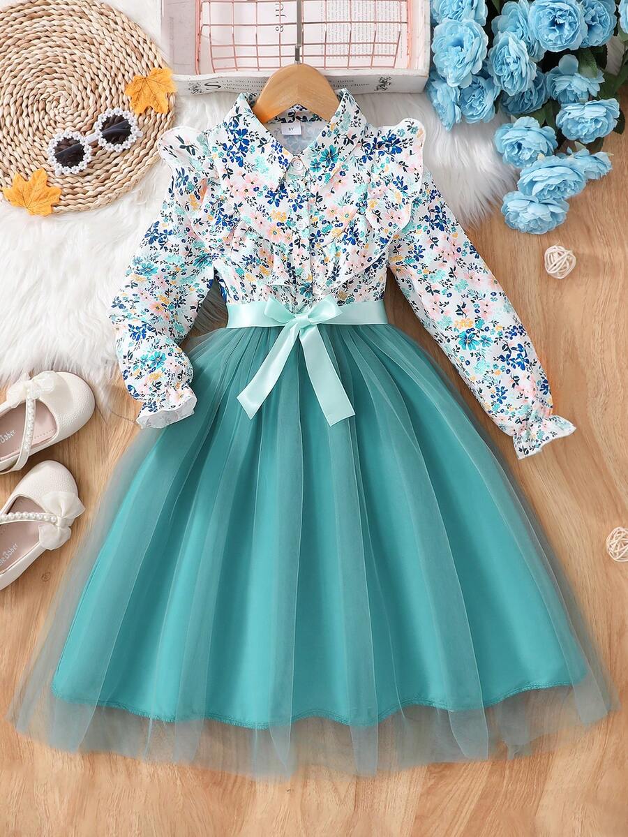Tween Girl Long Sleeve Floral Print Mesh Dress With Tie Waist, Party Occasion Dress - Green - View 1
